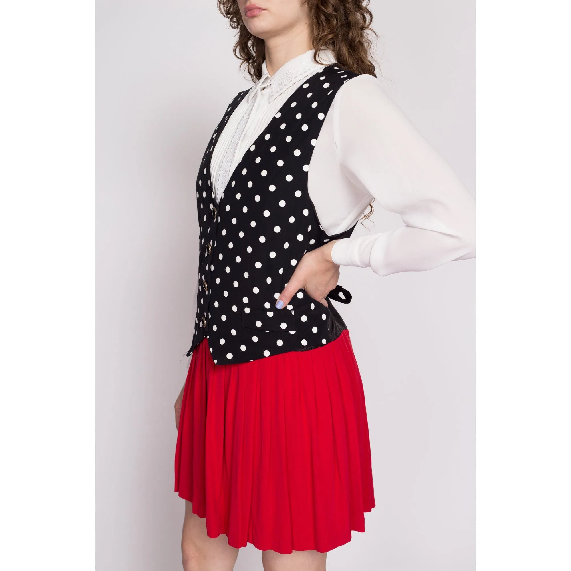 80s Polka Dot Mock Vest & Pleated Skirt Set Dress - Large