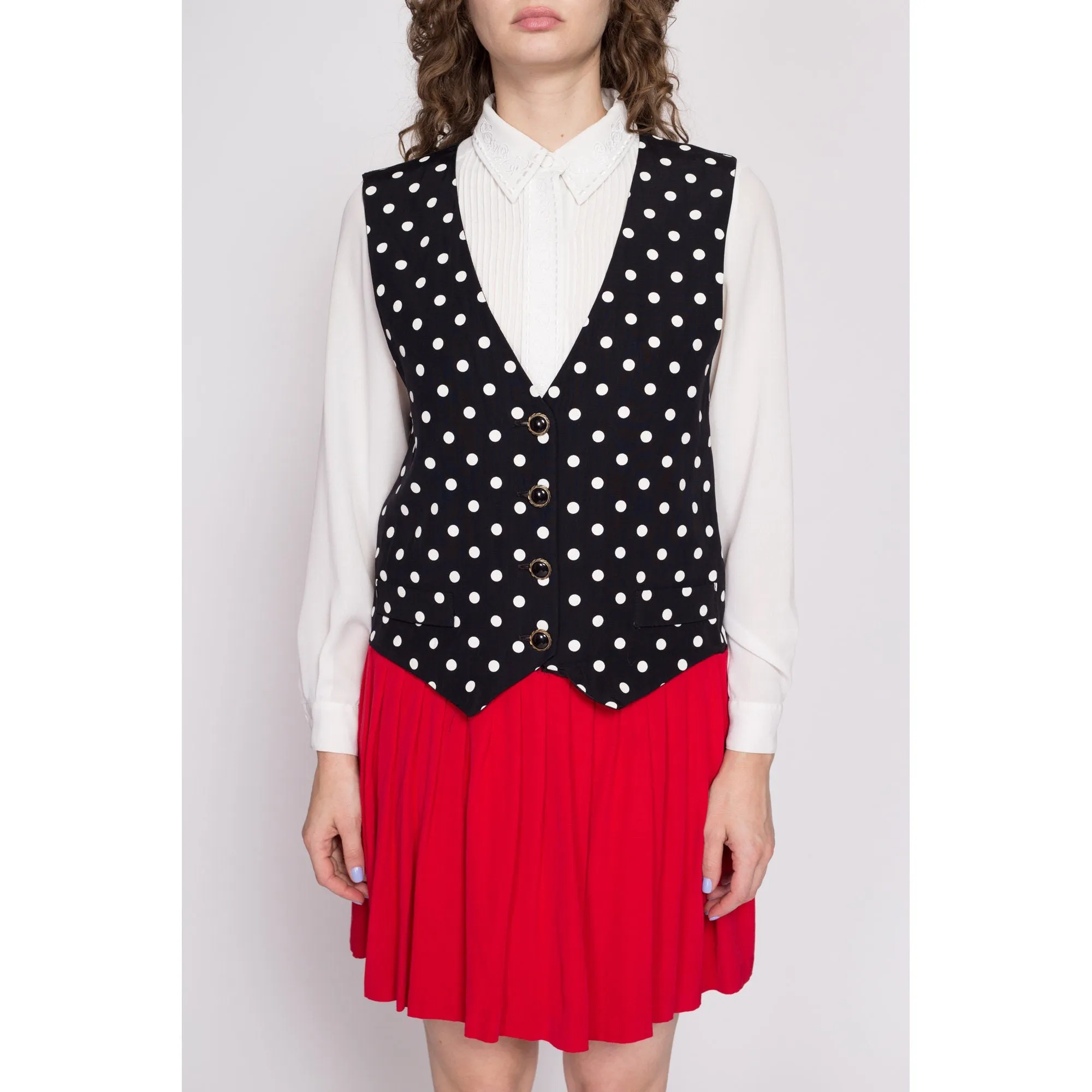 80s Polka Dot Mock Vest & Pleated Skirt Set Dress - Large