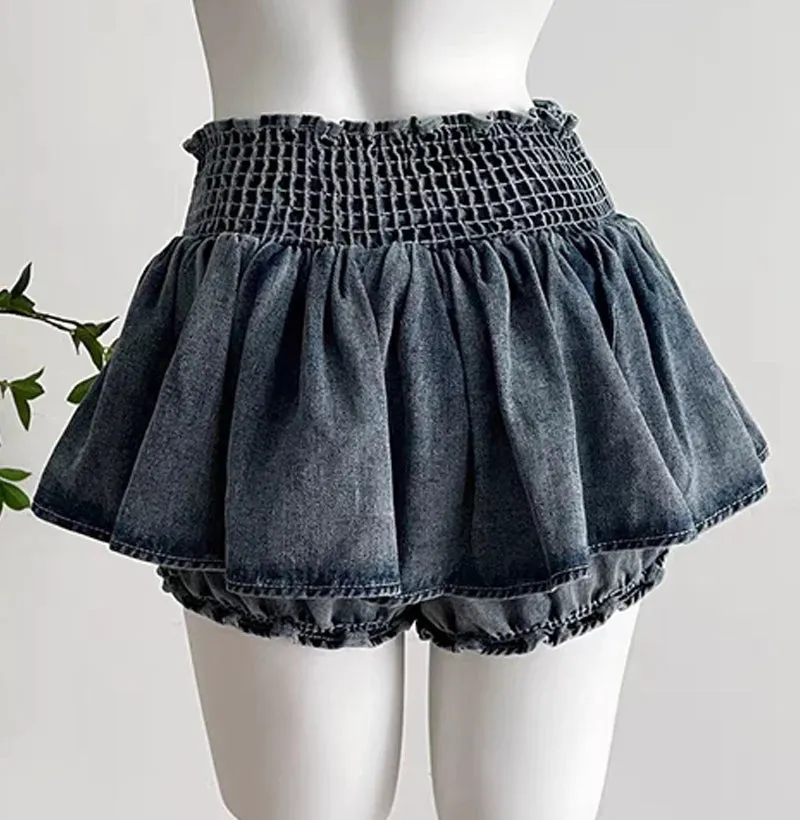 Aiertu Grunge Y2k Bow Denim Skirt with shorts Kawaii Women Vintage Gyaru Ruffle Low Waist Sexy Pleated Mini Skirts Summer Streetwear