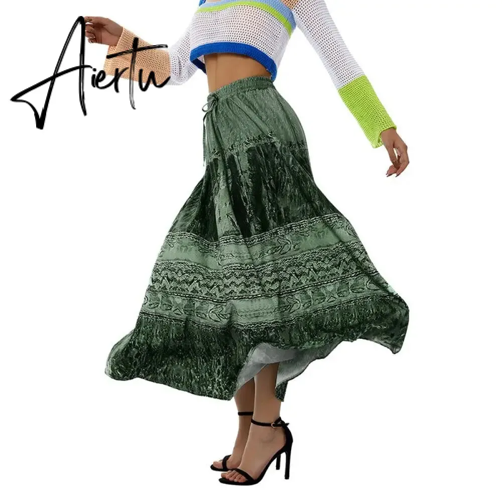 Aiertu Vintage Lace Up Bow Floral Long Skirts Green Y2k High-Waisted Loose Mid-Calf Pleated Skirt Harajuku Grunge Fairy Women Clothing