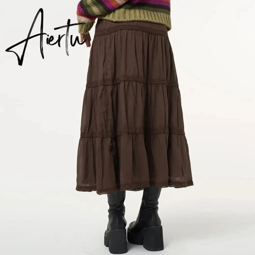 Aiertu Vintage Lace Up Bow Floral Long Skirts Green Y2k High-Waisted Loose Mid-Calf Pleated Skirt Harajuku Grunge Fairy Women Clothing