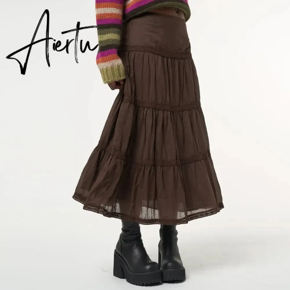 Aiertu Vintage Lace Up Bow Floral Long Skirts Green Y2k High-Waisted Loose Mid-Calf Pleated Skirt Harajuku Grunge Fairy Women Clothing