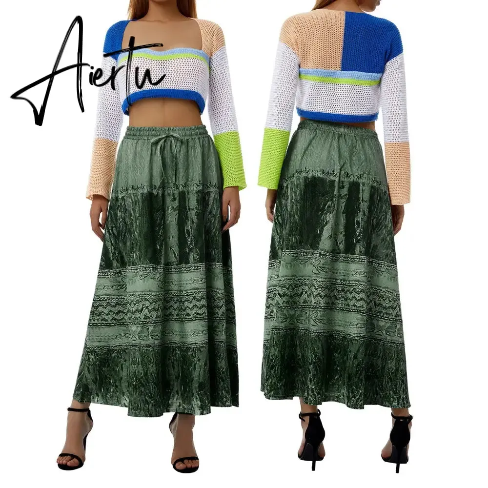 Aiertu Vintage Lace Up Bow Floral Long Skirts Green Y2k High-Waisted Loose Mid-Calf Pleated Skirt Harajuku Grunge Fairy Women Clothing