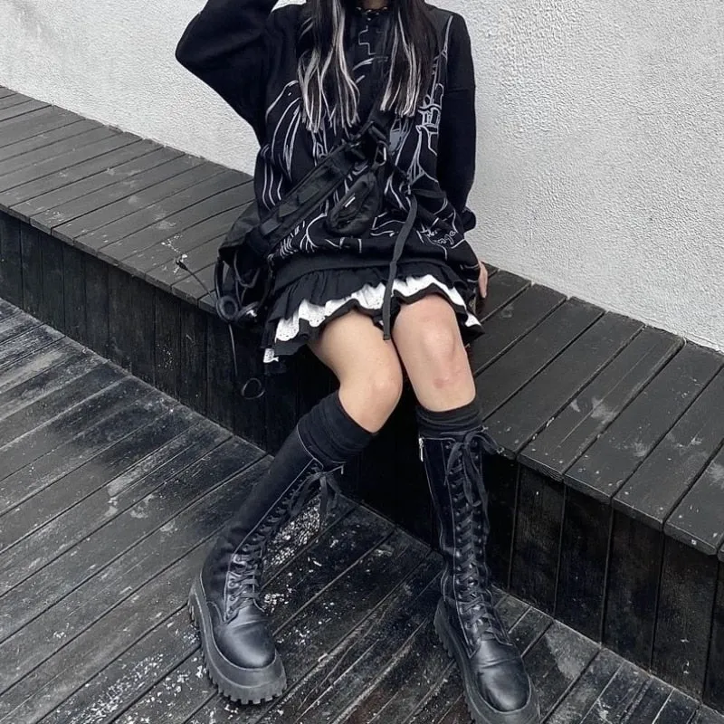 Amozae Back to college Mall Goth Gothic Lace Ruffle Mini Skirts Womens Harajuku Fairy Grunge Black Pleated Skirt Japanese Lolita Streetwear