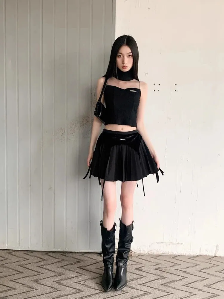 ARWEN & AJH GROUP مجموعة اروين 2024  Retro Black Tank Top Miniskirt Women 2-piece Set Summer Turtleneck Sleeveless Vest Pleated Skirt Grunge  Streetwear