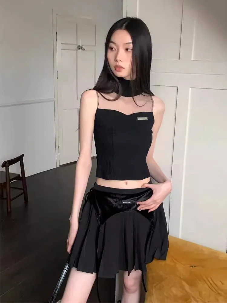 ARWEN & AJH GROUP مجموعة اروين 2024  Retro Black Tank Top Miniskirt Women 2-piece Set Summer Turtleneck Sleeveless Vest Pleated Skirt Grunge  Streetwear