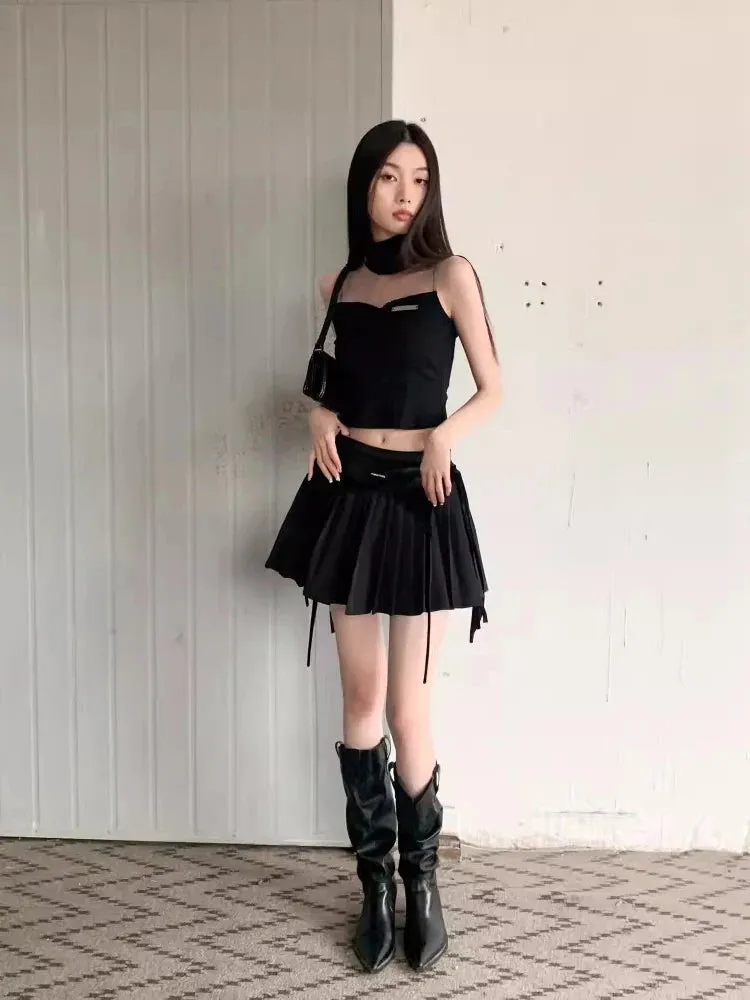 ARWEN & AJH GROUP مجموعة اروين 2024  Retro Black Tank Top Miniskirt Women 2-piece Set Summer Turtleneck Sleeveless Vest Pleated Skirt Grunge  Streetwear