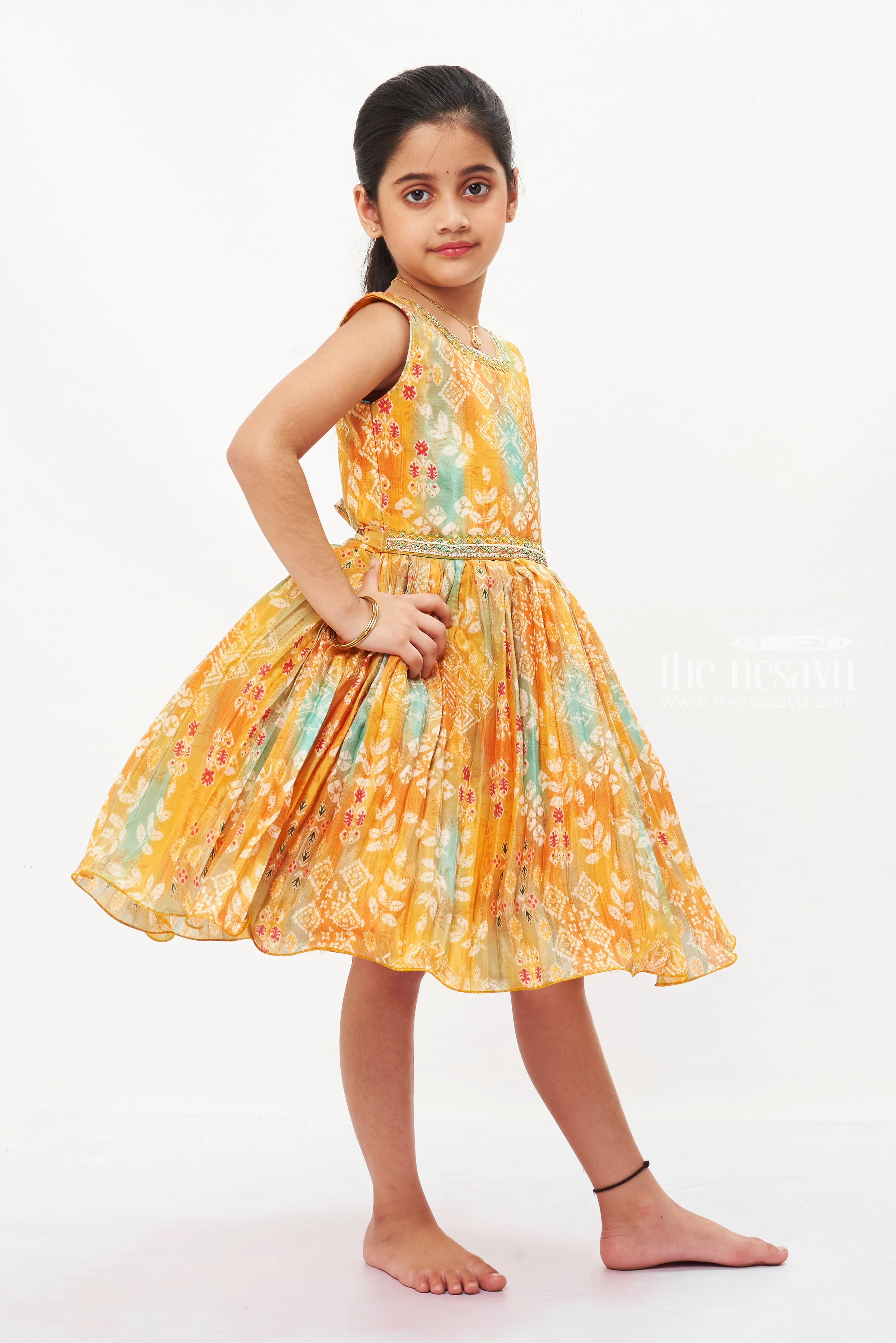 Autumnal Elegance: Girls Multicolor Pattu Silk Party Frock with Traditional Motifs