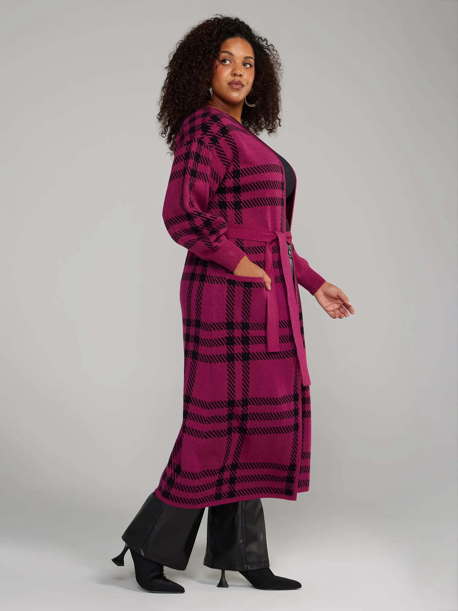 Belted Plaid Long Cardigan