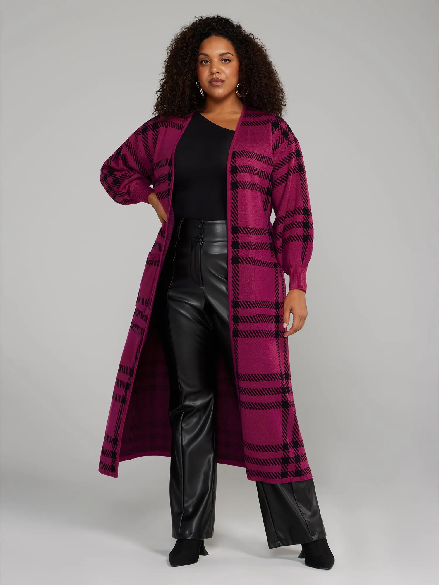 Belted Plaid Long Cardigan