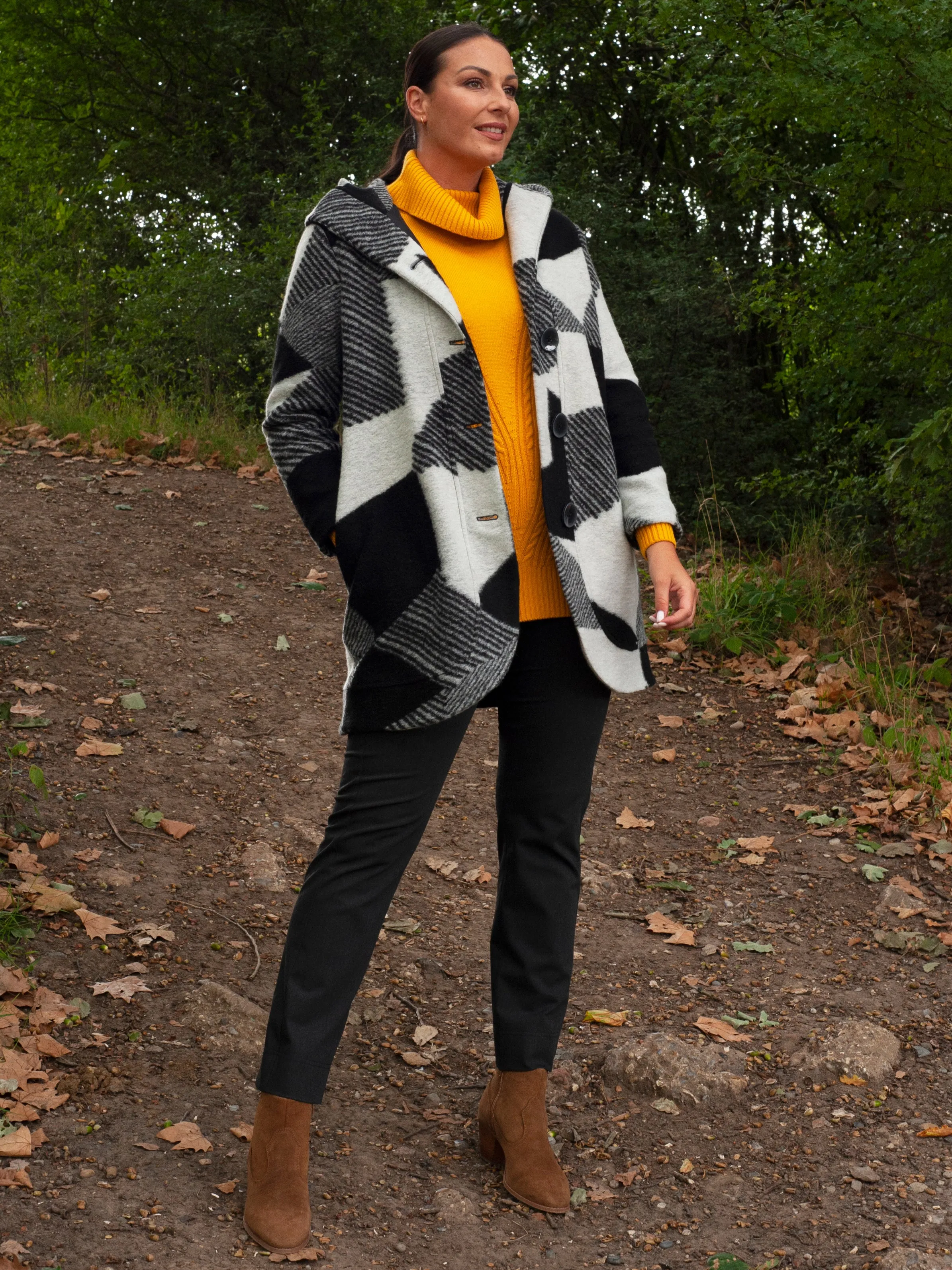 Black and Grey Patchwork Wool Blend Coat with Hood