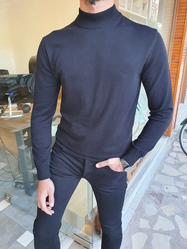 Black Slim Fit Mock Turtleneck Sweater by GentWith.com