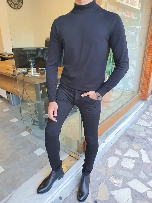 Black Slim Fit Mock Turtleneck Sweater by GentWith.com