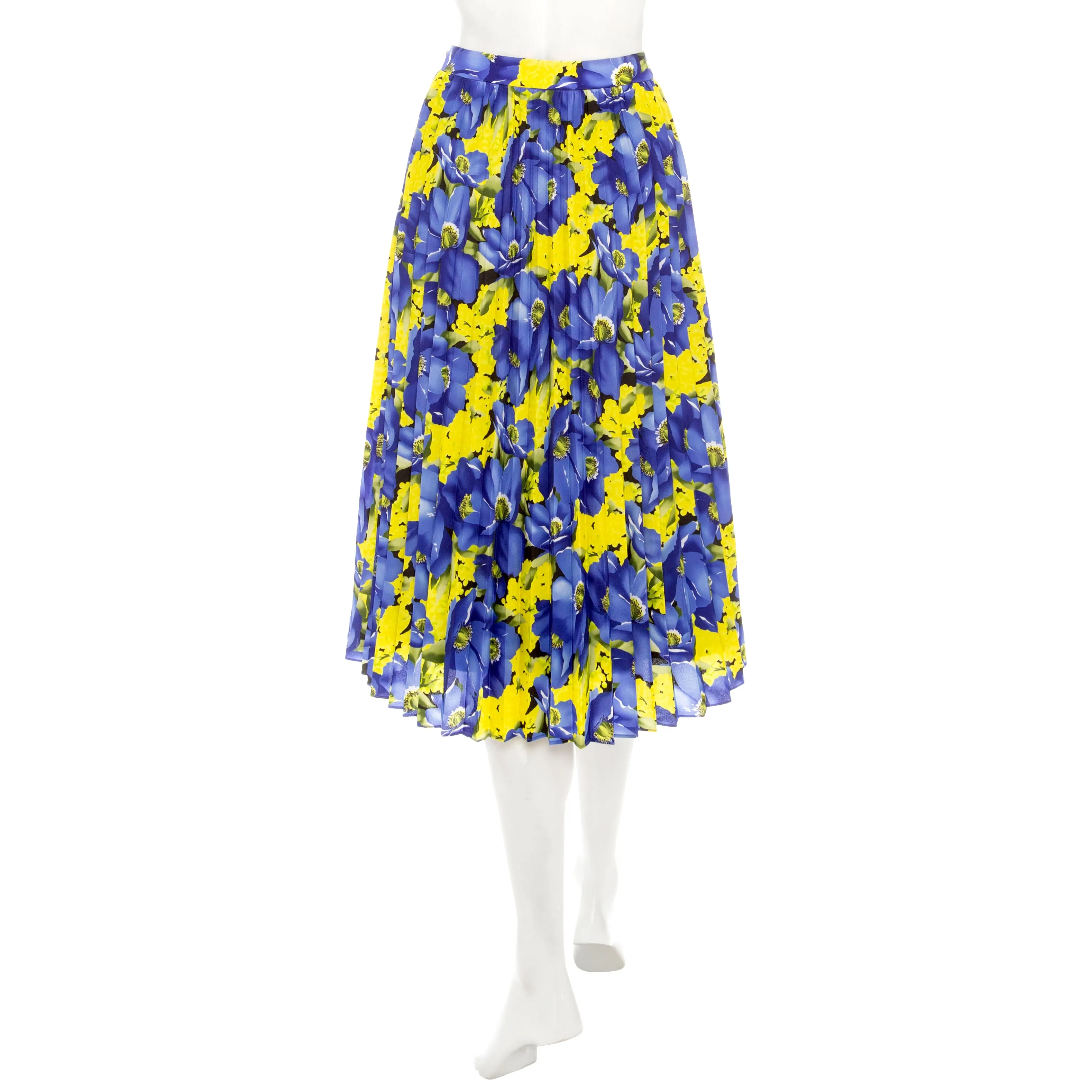 Blue and Yellow Crêpe de Chine Floral-Print Pleated Skirt