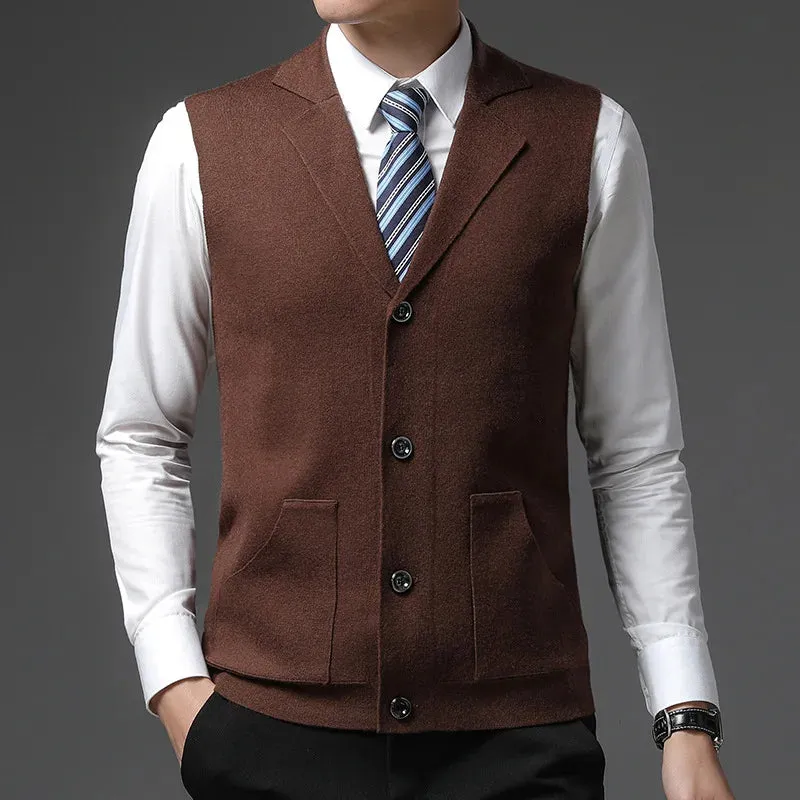 Bonsir Spring New Fashion Golden Velvet Men's Knitted Vest Solid Suit Collar Button Patchwork Pockets Smart Casual Warm Sleeveless Top