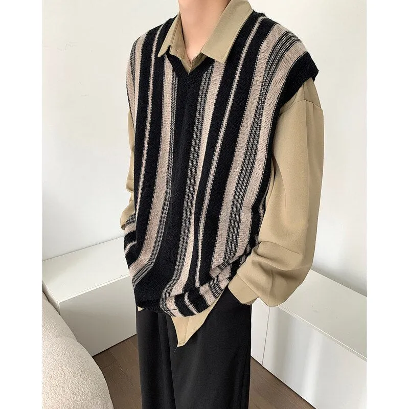 Bonsir V-Neck Stripe Sweater Vest Men Warm Fashion Retro Knitted Pullover Men Korean Loose Sleeveless Sweater Mens Jumper Clothes M-2XL