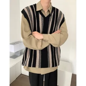 Bonsir V-Neck Stripe Sweater Vest Men Warm Fashion Retro Knitted Pullover Men Korean Loose Sleeveless Sweater Mens Jumper Clothes M-2XL