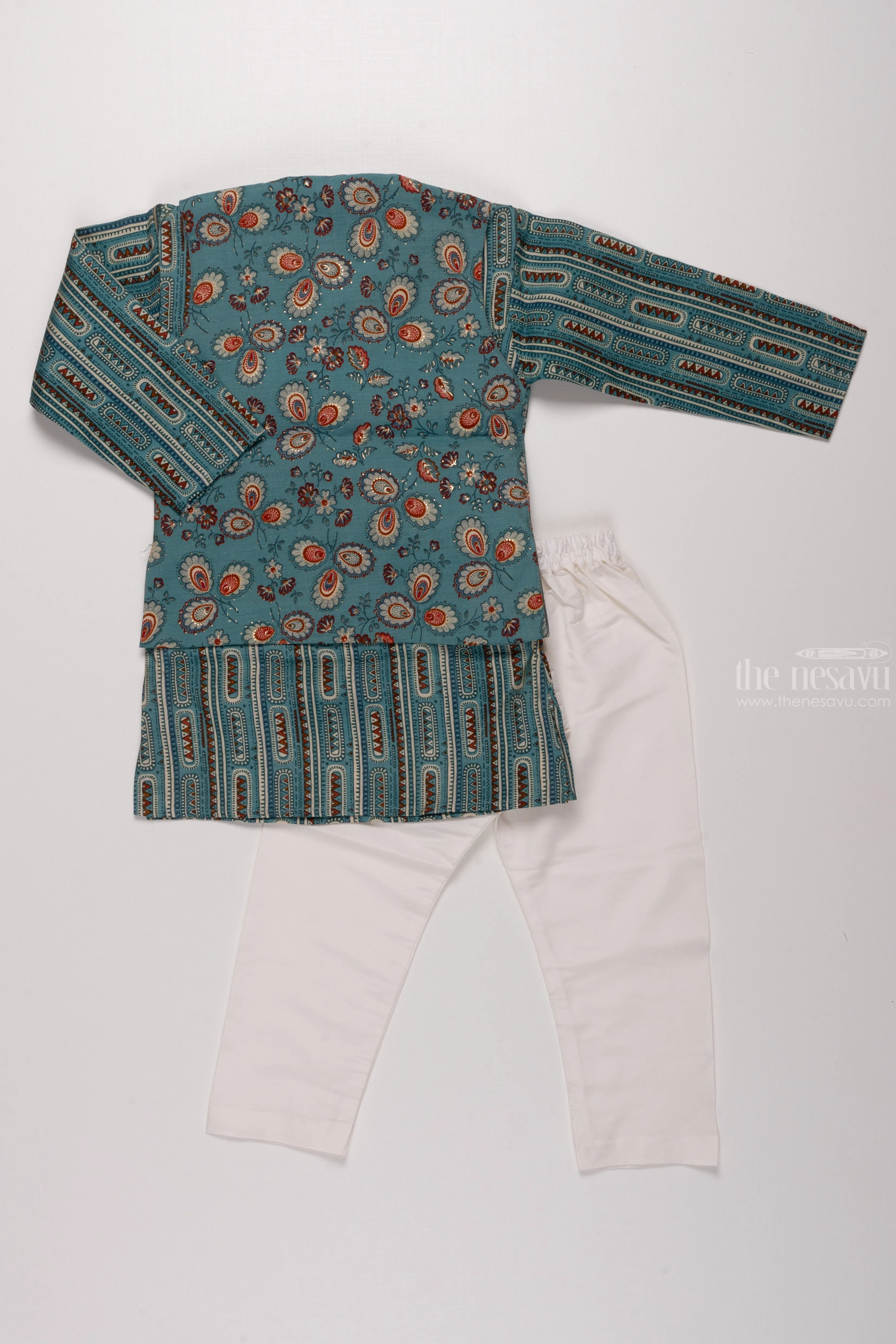 Boys Green Floral Kurta with Overcoat & White Pant Ensemble