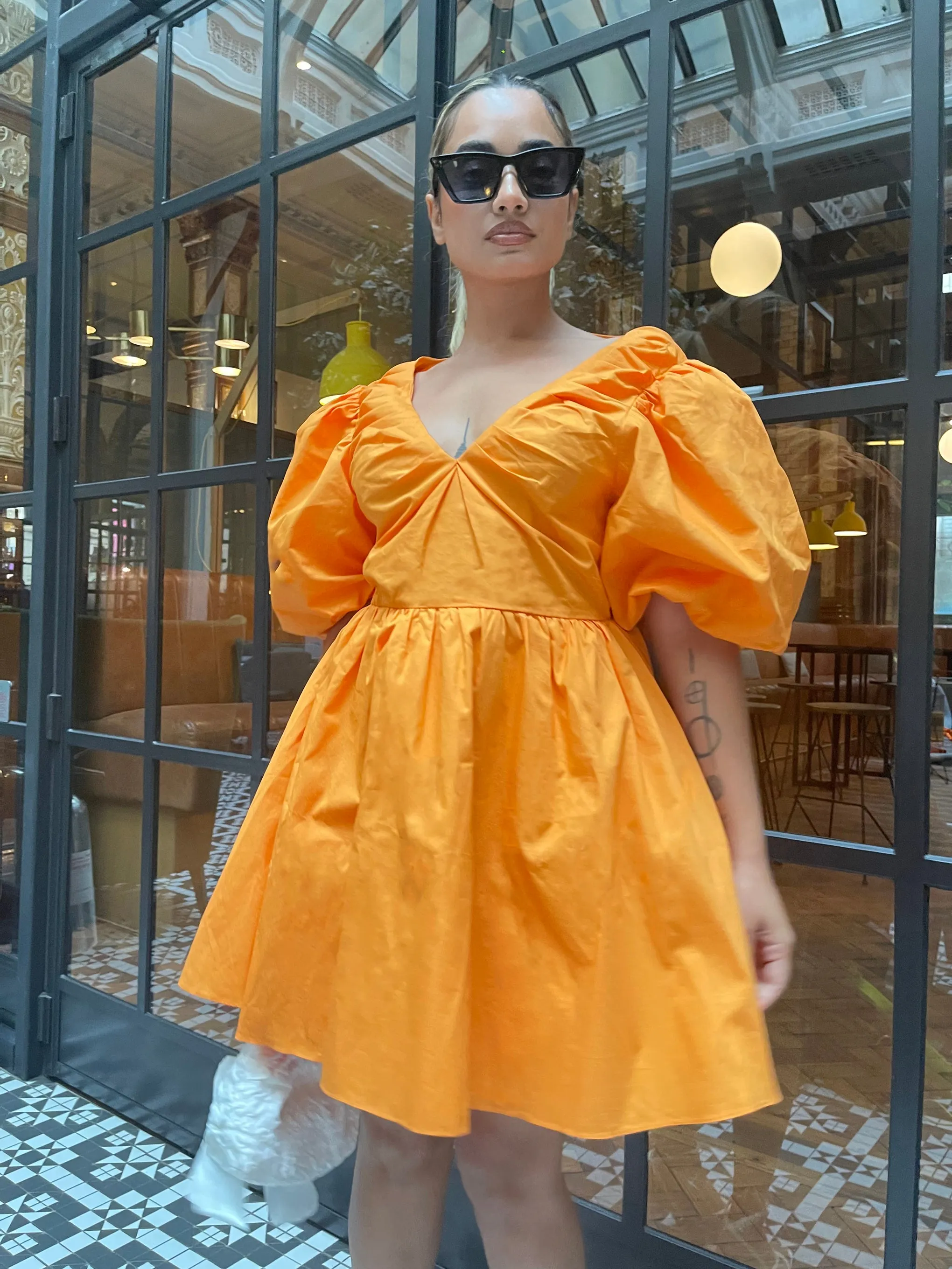 Bright-Orange Puff-Sleeve Skater Mini-Dress