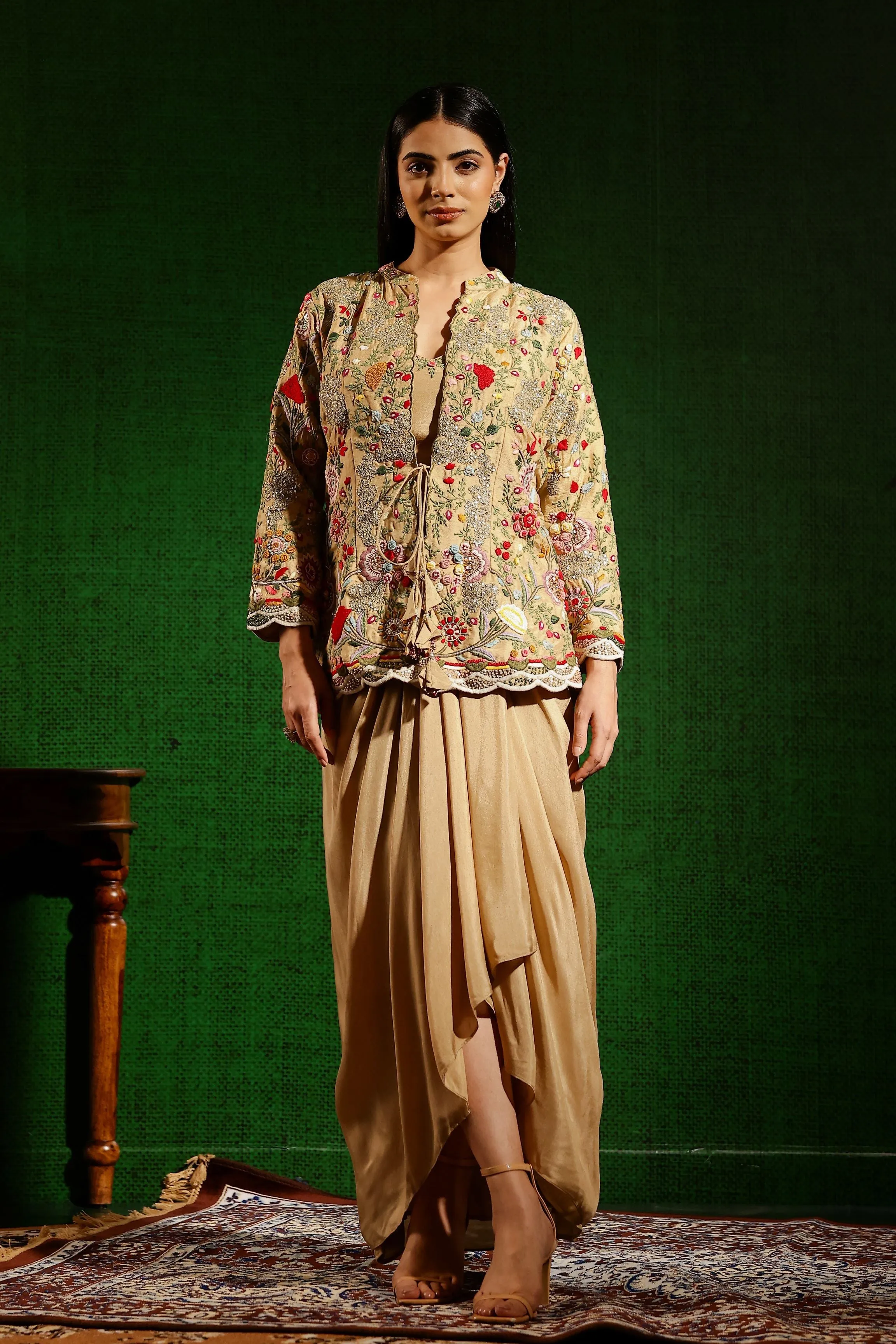 Bronze Beige Embroidered Belgium Silk Jacket Skirt Set