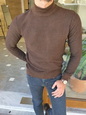 Brown Slim Fit Mock Turtleneck Sweater for Men by GentWith.com