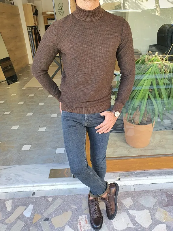 Brown Slim Fit Mock Turtleneck Sweater for Men by GentWith.com