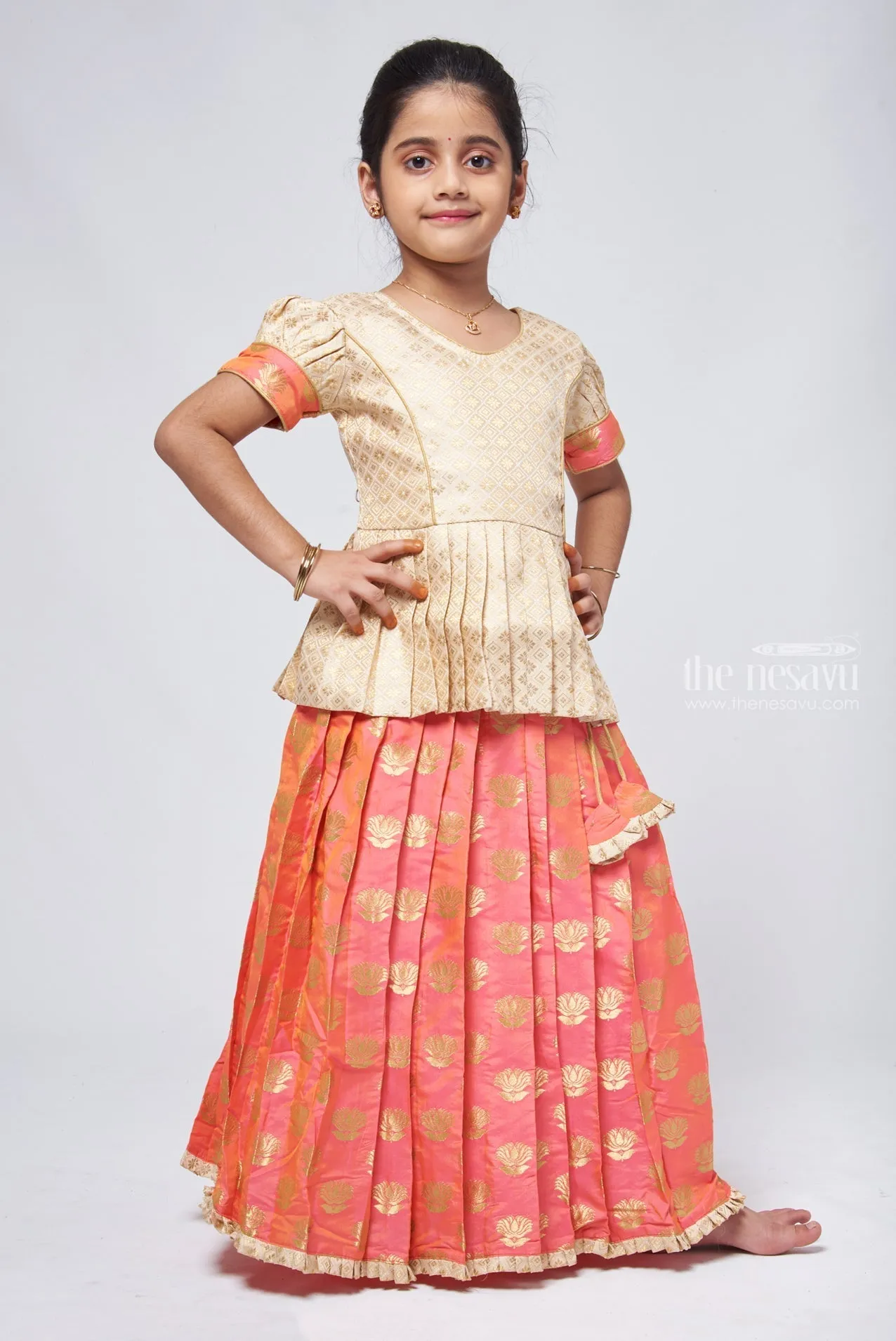 Butta Pleated Pink Skirt with Brocade Beige Silk Peplum Blouse: Festive Delight for Celebrations