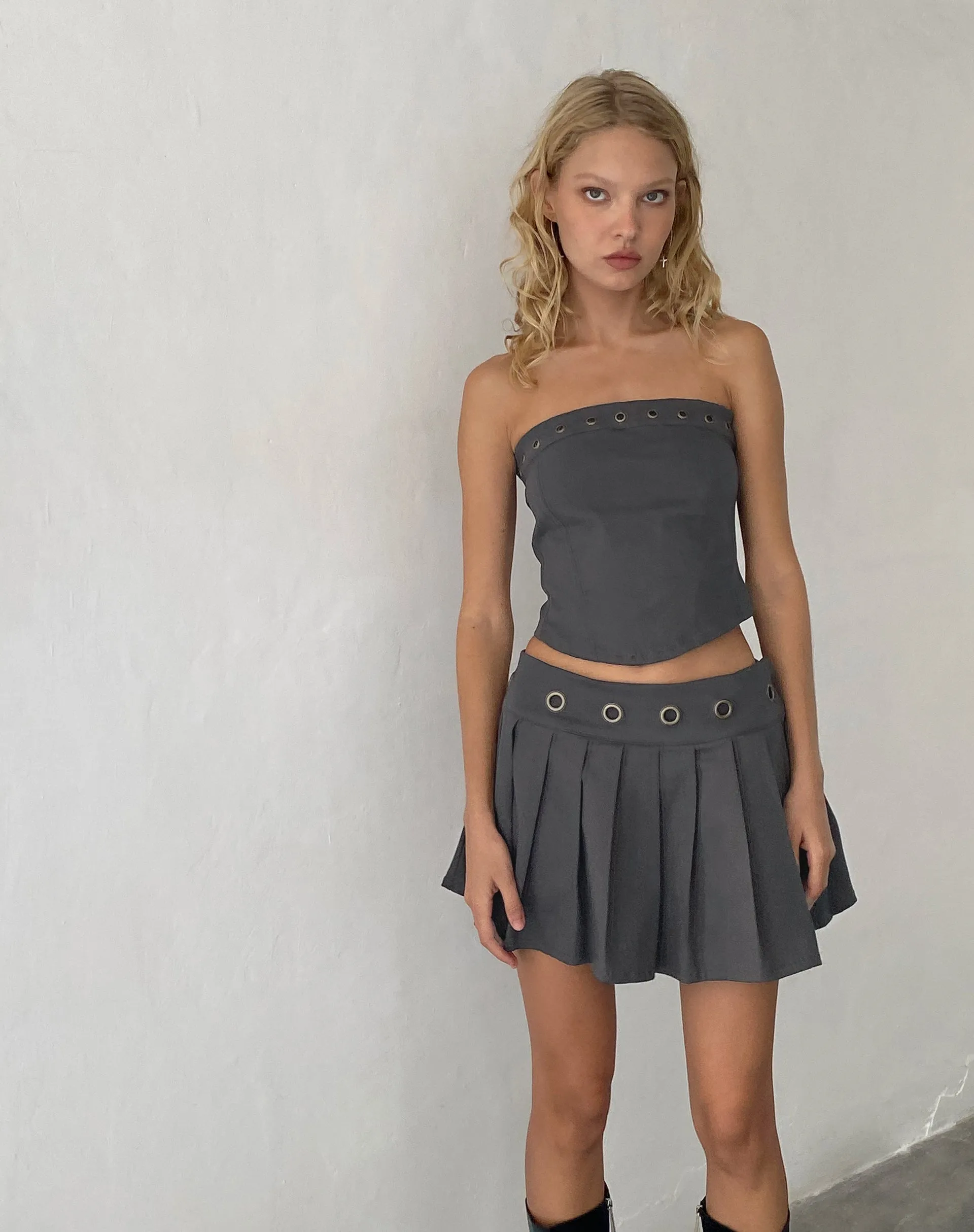 Caluna Eyelet Mini Skirt in Charcoal Grey