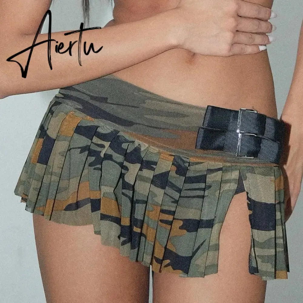 Camouflage Mini Pleated Skirt Fashion Streetwear Hot Sexy Split Low Rise Loose Super Short Skirts Women Grunge Y2k Chic