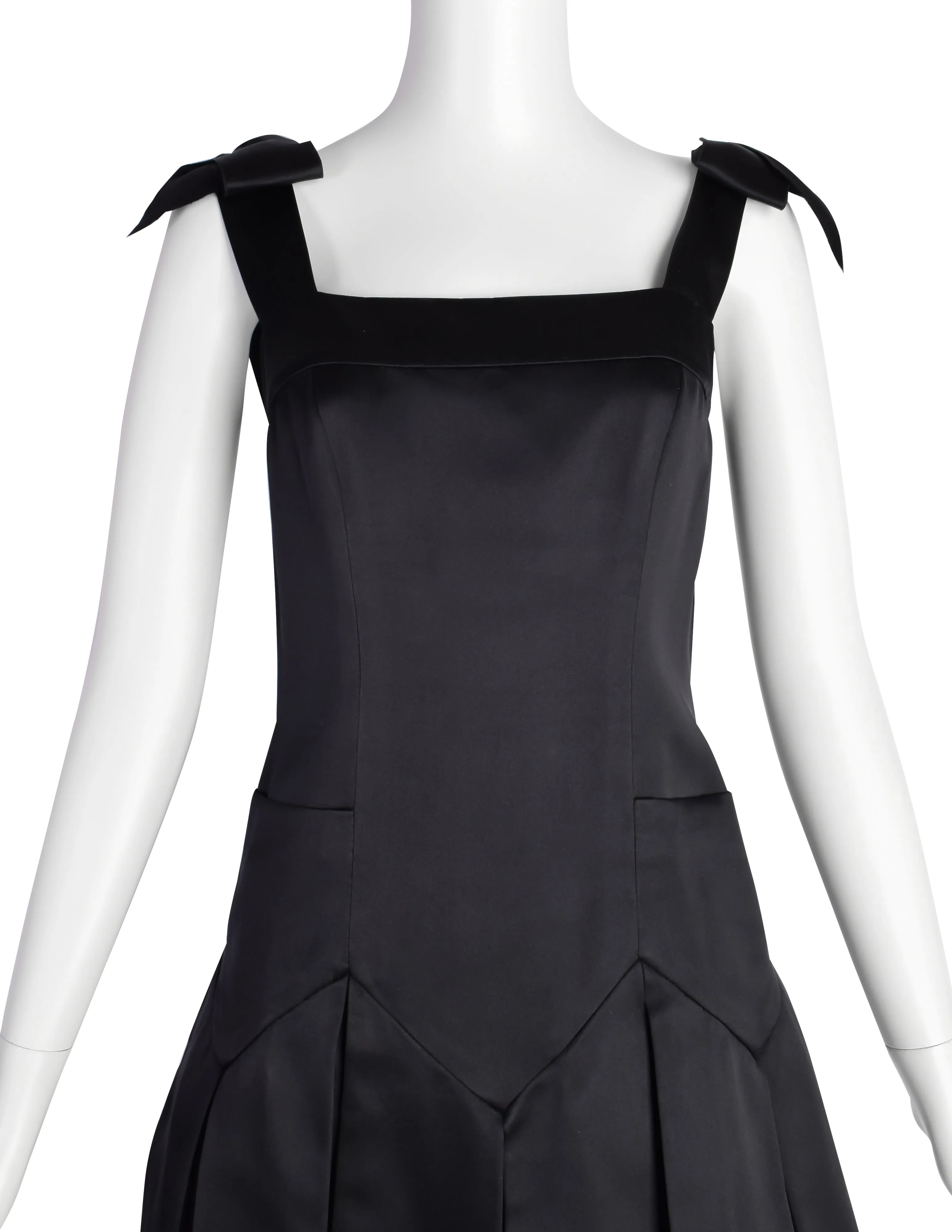 Chanel Vintage 1990s Black Silk Satin Bow Pleated Mini Dress