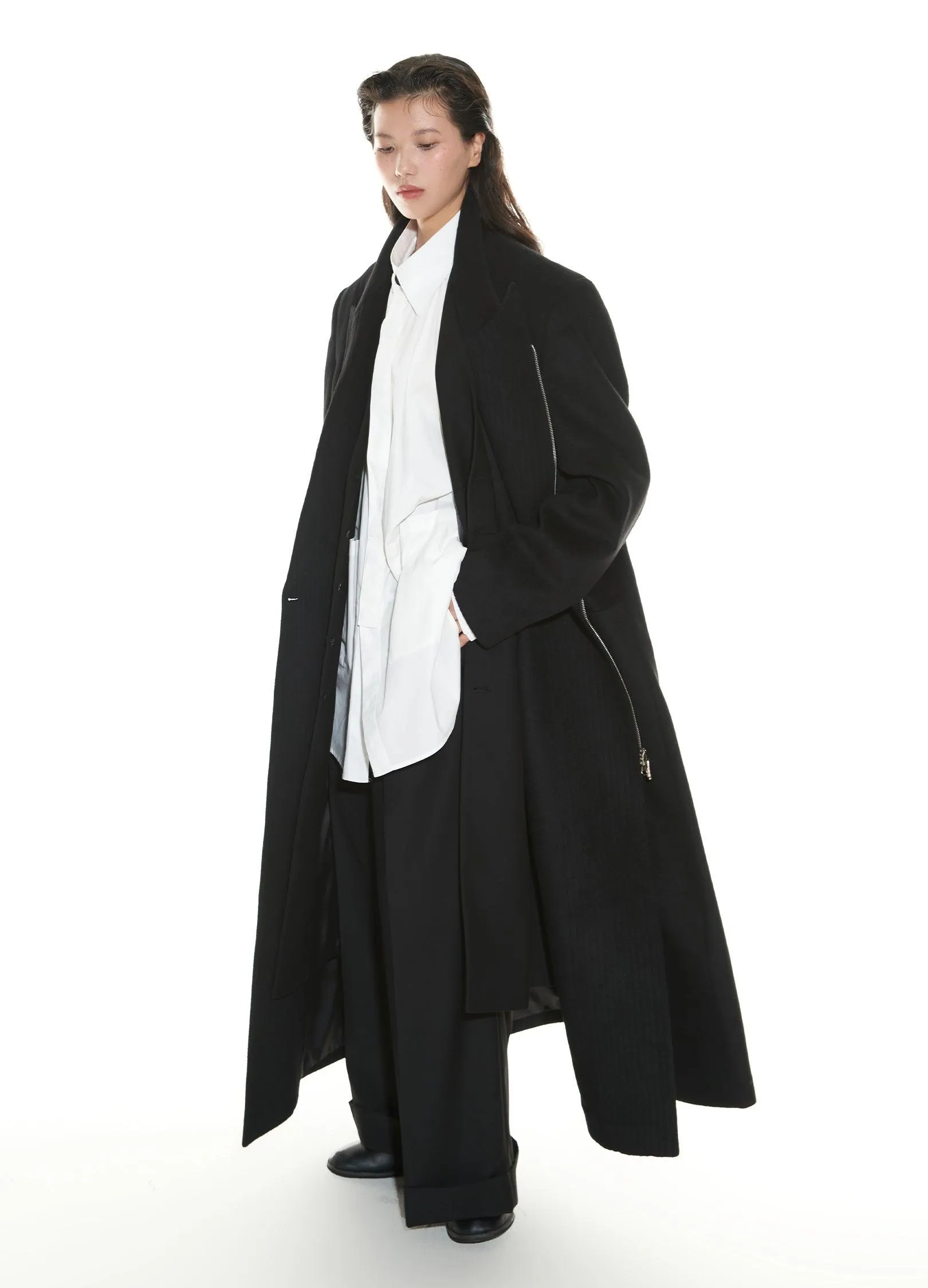 Chic Double-Breasted Wool Blend Overcoat With Metal Zipper