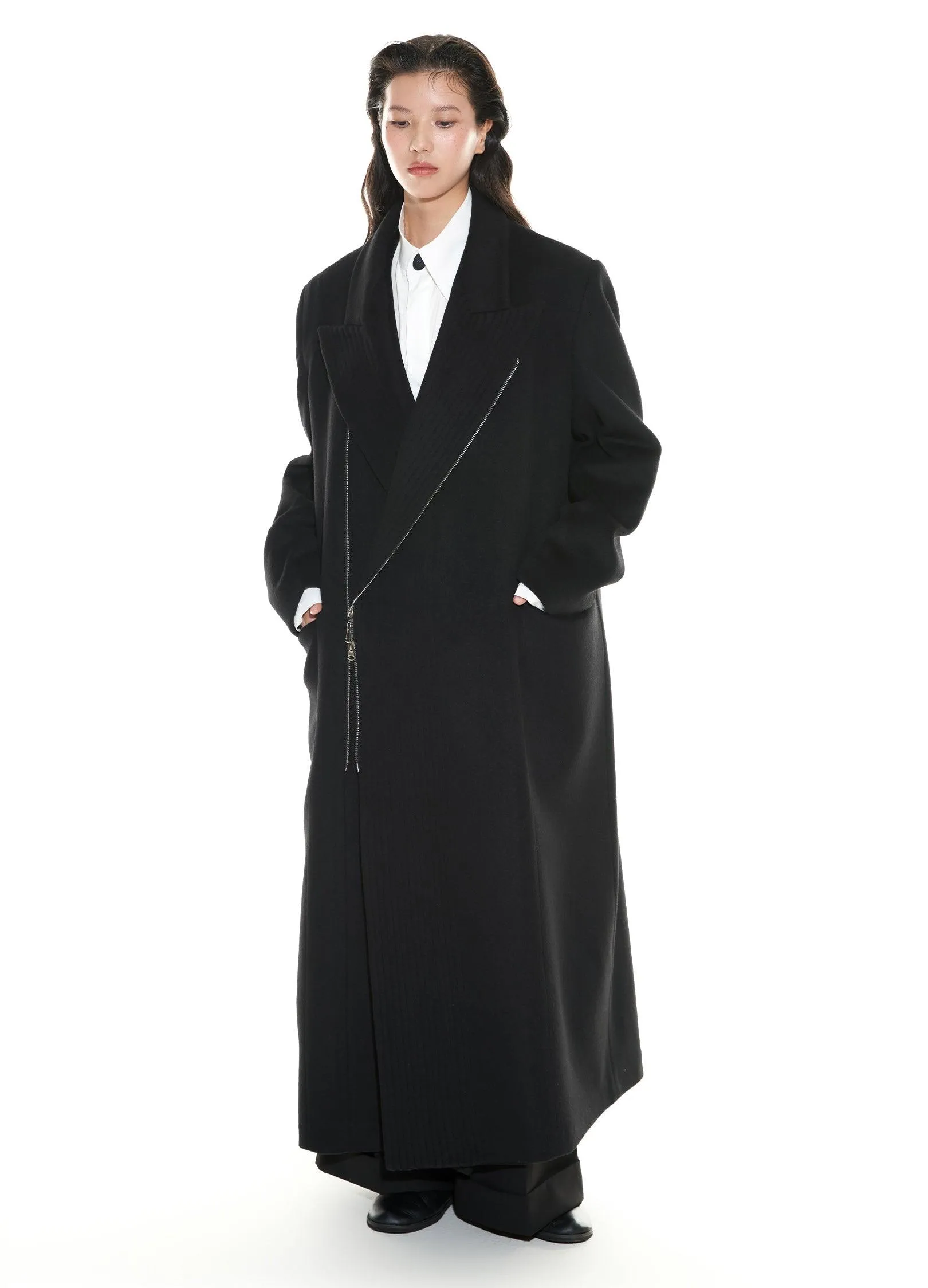 Chic Double-Breasted Wool Blend Overcoat With Metal Zipper