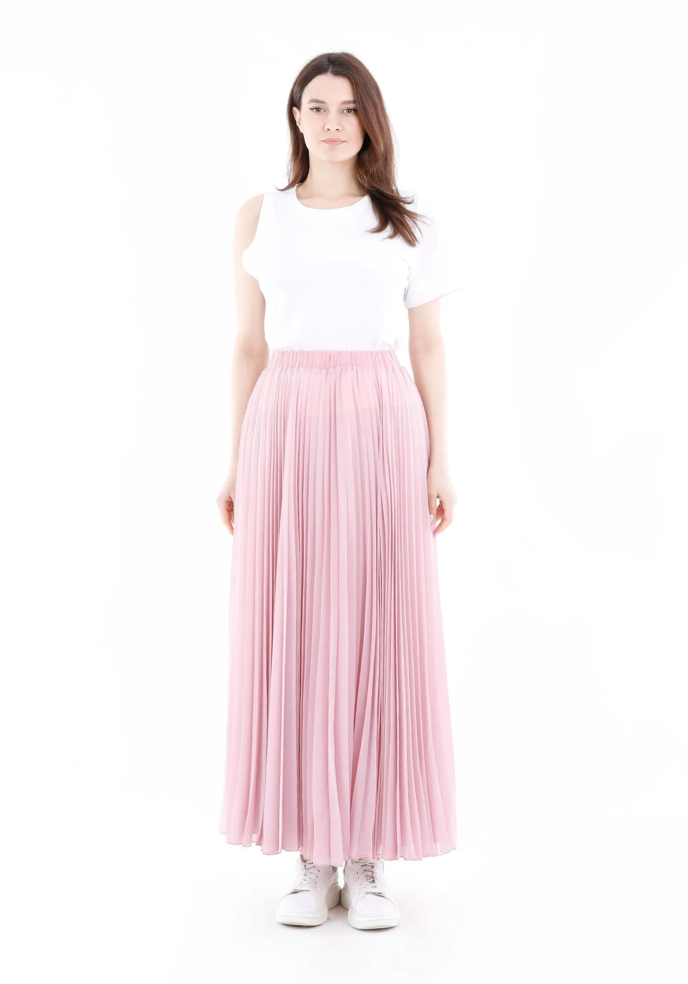 Chiffon Pleated Maxi Skirt with Elastic Waist Band