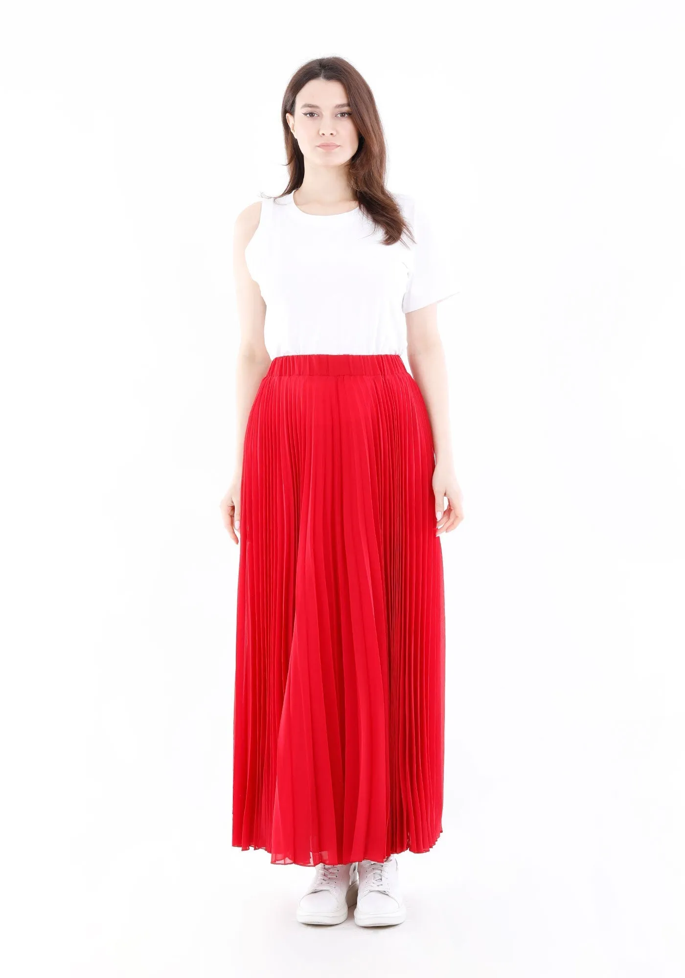 Chiffon Pleated Maxi Skirt with Elastic Waist Band