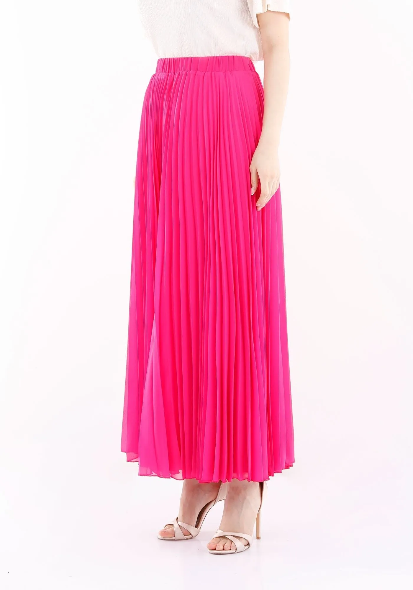 Chiffon Pleated Maxi Skirt with Elastic Waist Band