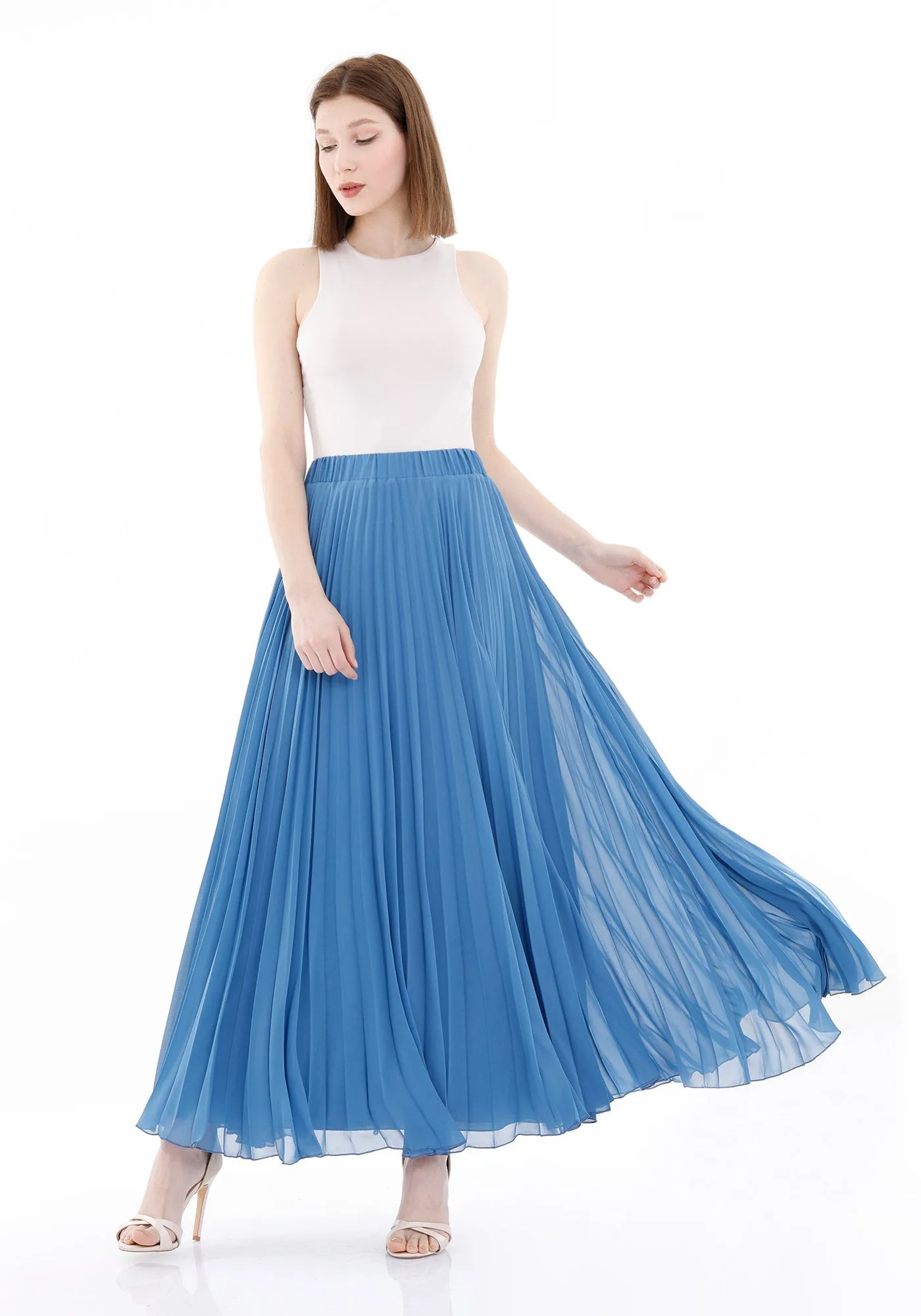 Chiffon Pleated Maxi Skirt with Elastic Waist Band