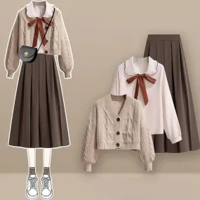 Classic Preppy JK V-Neck Cardigan and Pleated Skirt Set