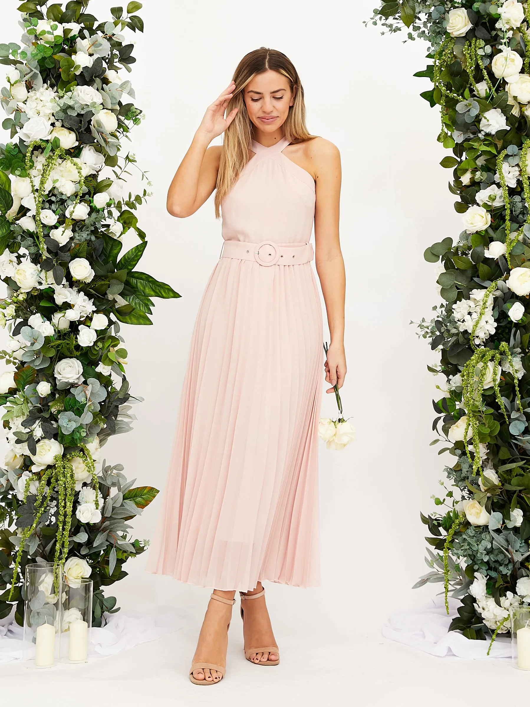 Cross Neck Pleated Midaxi Chiffon Dress / Blush