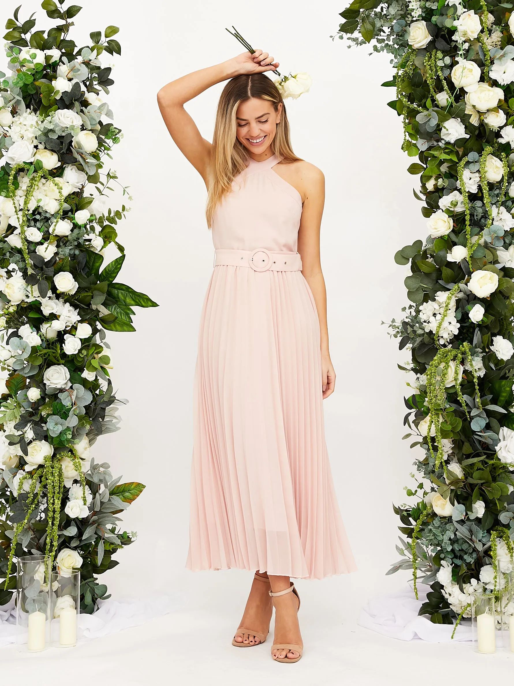 Cross Neck Pleated Midaxi Chiffon Dress / Blush