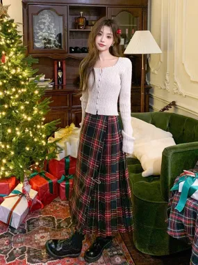 Darianrojas grunge outfits Retro Scottish Plaid Skirt Women's Long High Waist A- line Hip Skirt Slimming Draping Pleated Skirt