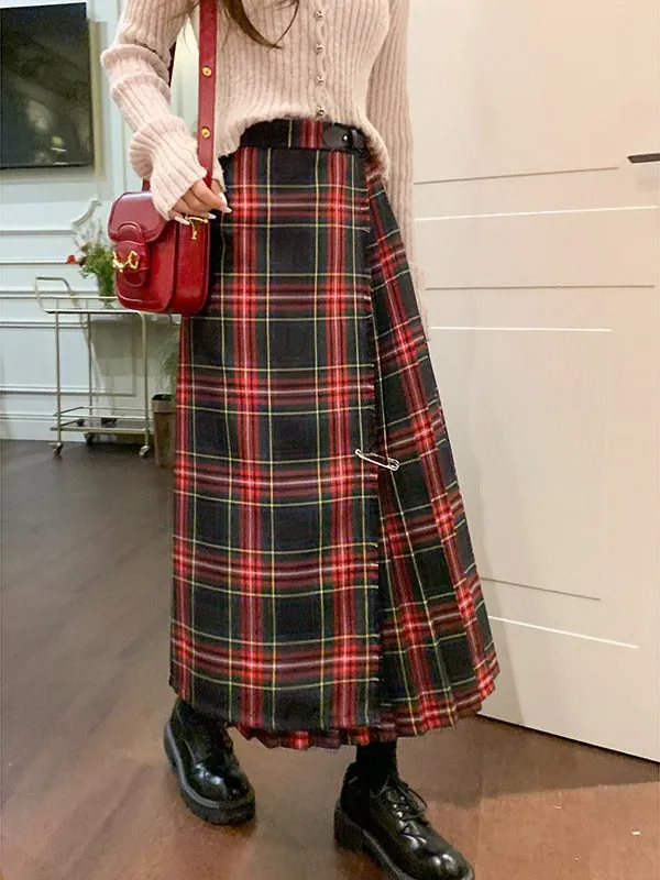 Darianrojas grunge outfits Retro Scottish Plaid Skirt Women's Long High Waist A- line Hip Skirt Slimming Draping Pleated Skirt