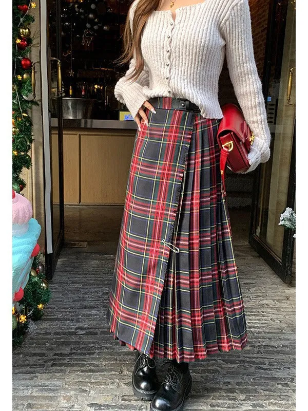 Darianrojas grunge outfits Retro Scottish Plaid Skirt Women's Long High Waist A- line Hip Skirt Slimming Draping Pleated Skirt