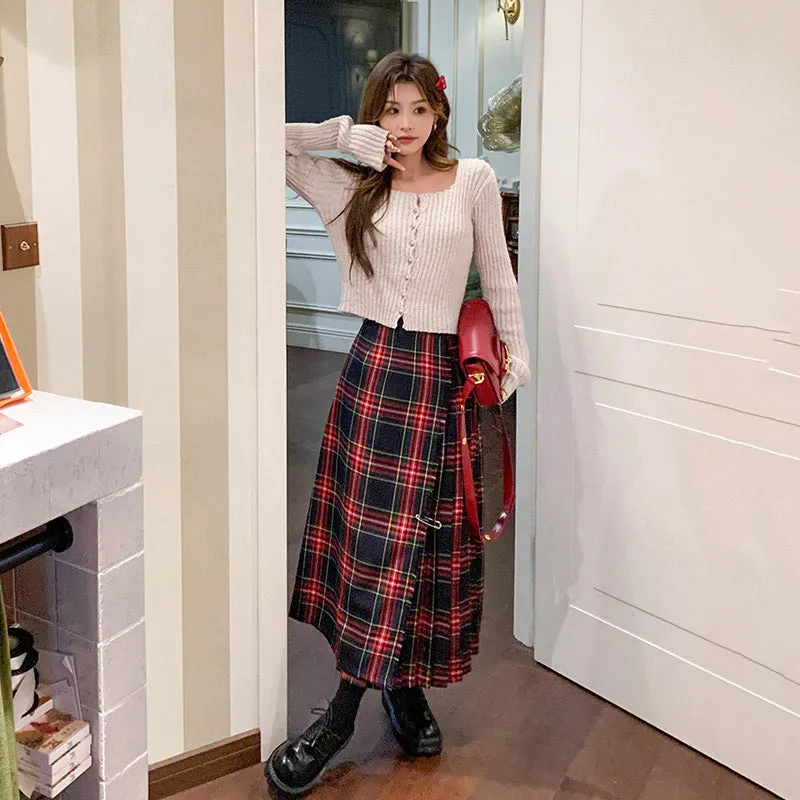 Darianrojas grunge outfits Retro Scottish Plaid Skirt Women's Long High Waist A- line Hip Skirt Slimming Draping Pleated Skirt