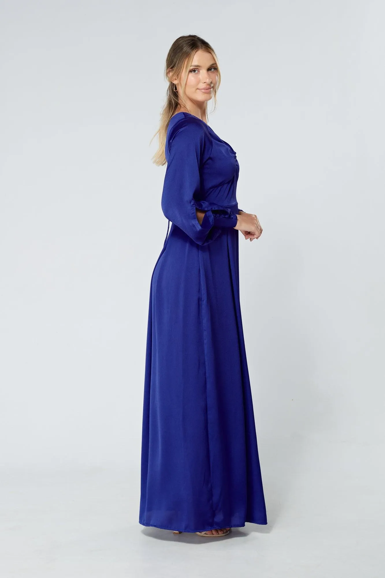 Delilah Cobalt Blue Satin-Feel Crepe Maxi Dress With Ruched Sleeves