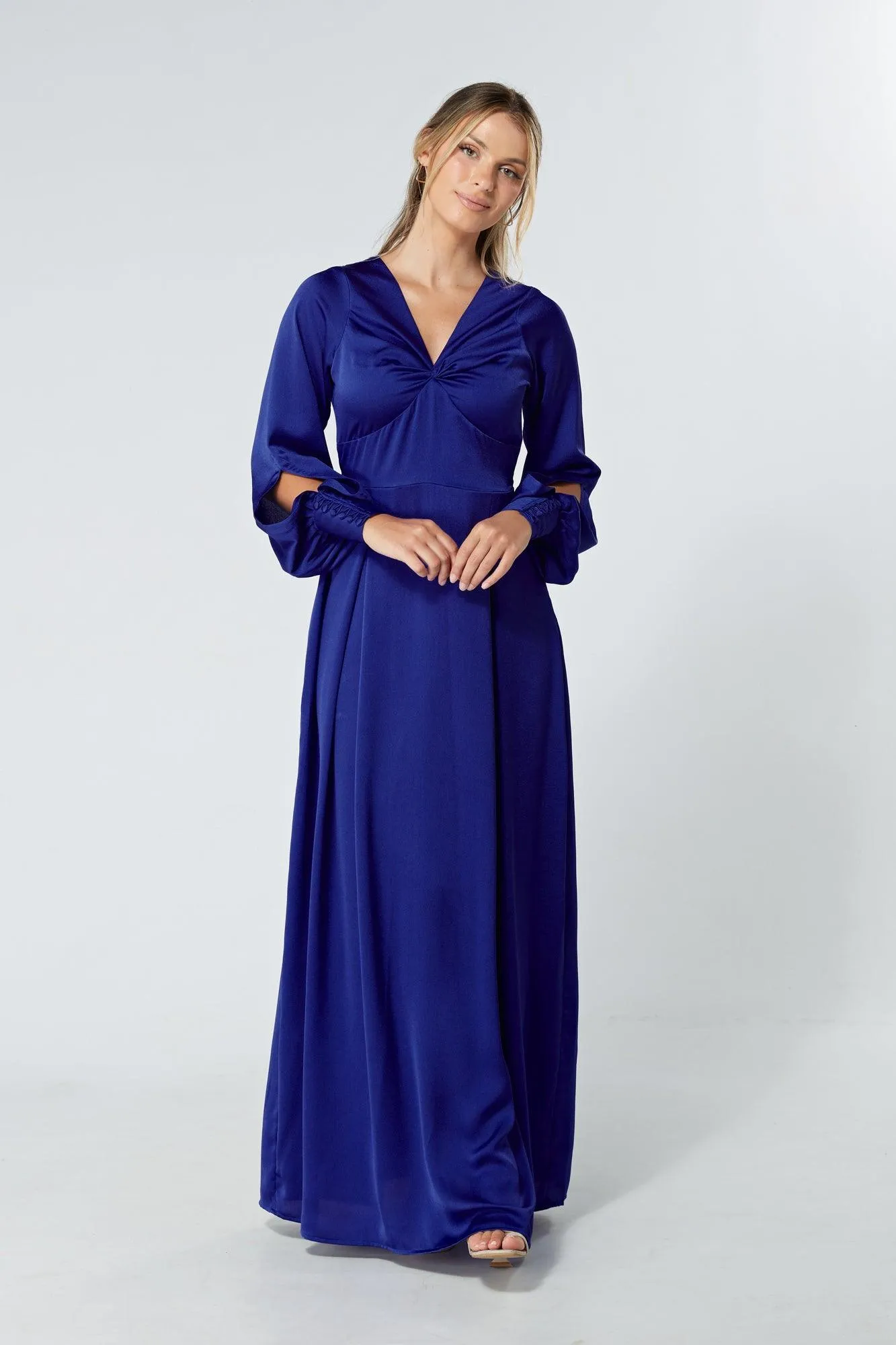 Delilah Cobalt Blue Satin-Feel Crepe Maxi Dress With Ruched Sleeves