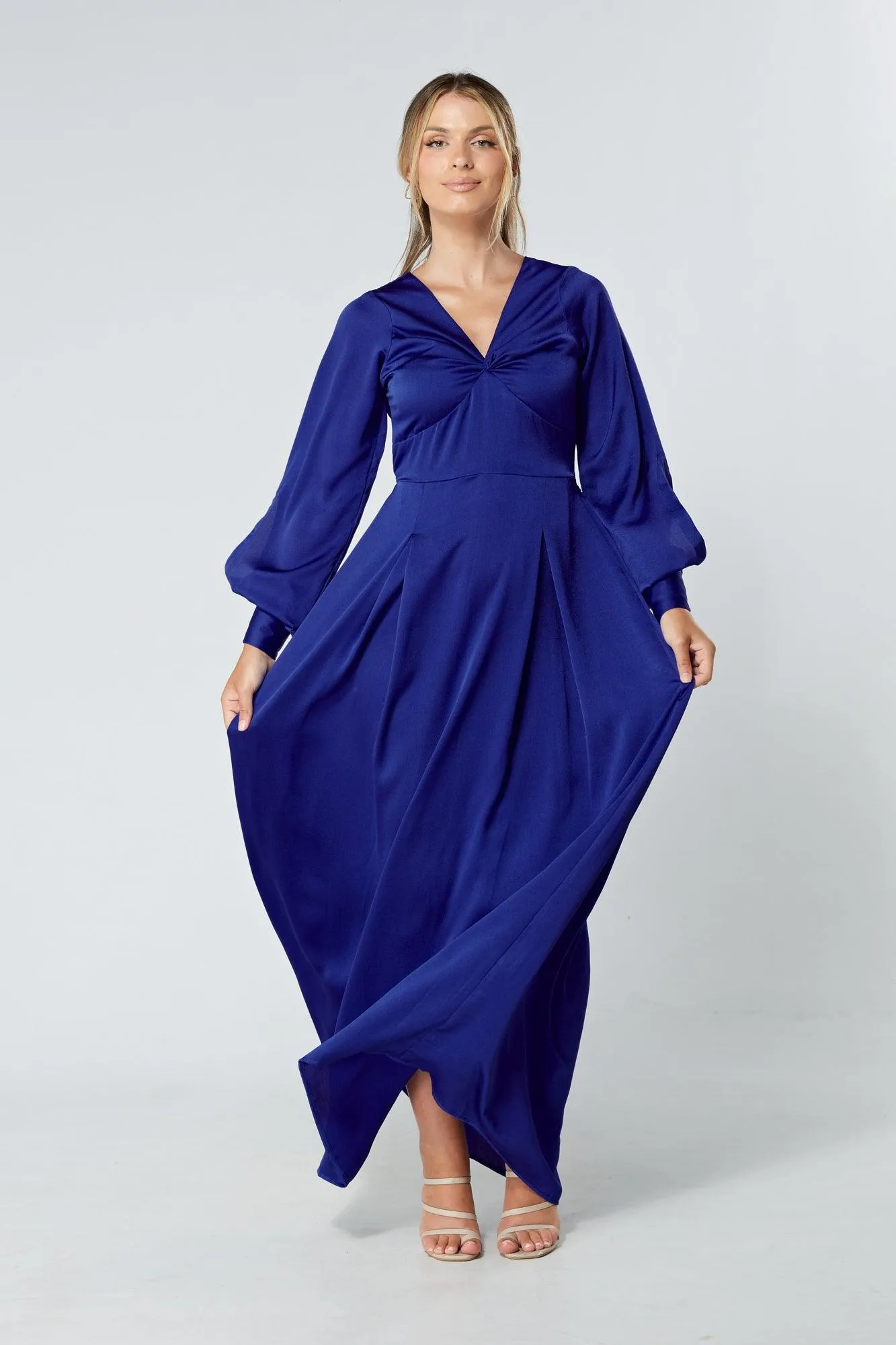 Delilah Cobalt Blue Satin-Feel Crepe Maxi Dress With Ruched Sleeves