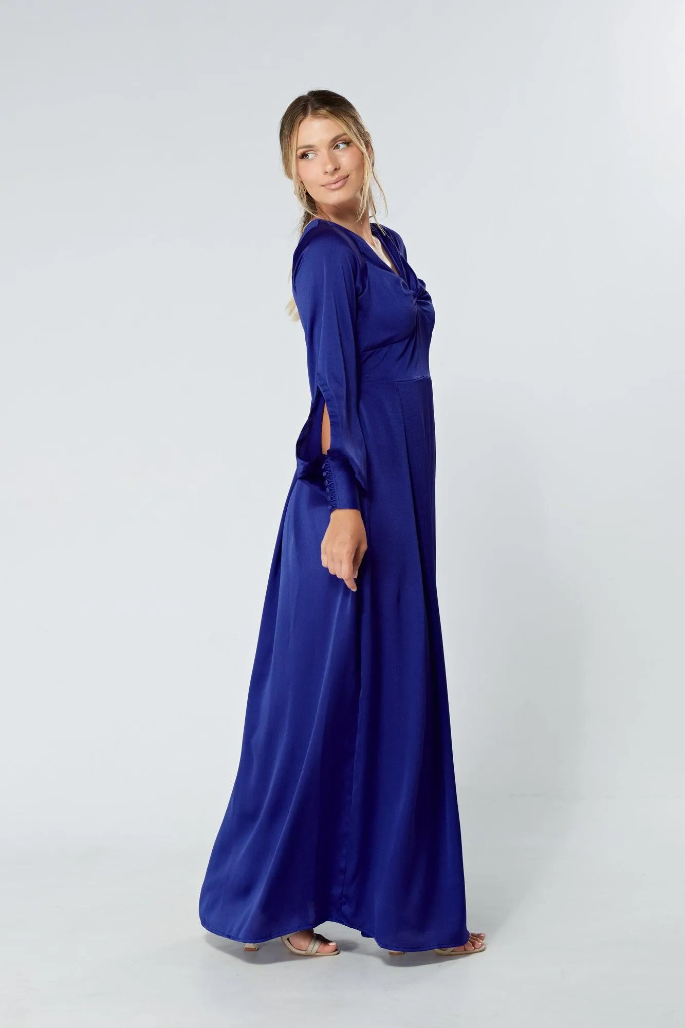 Delilah Cobalt Blue Satin-Feel Crepe Maxi Dress With Ruched Sleeves