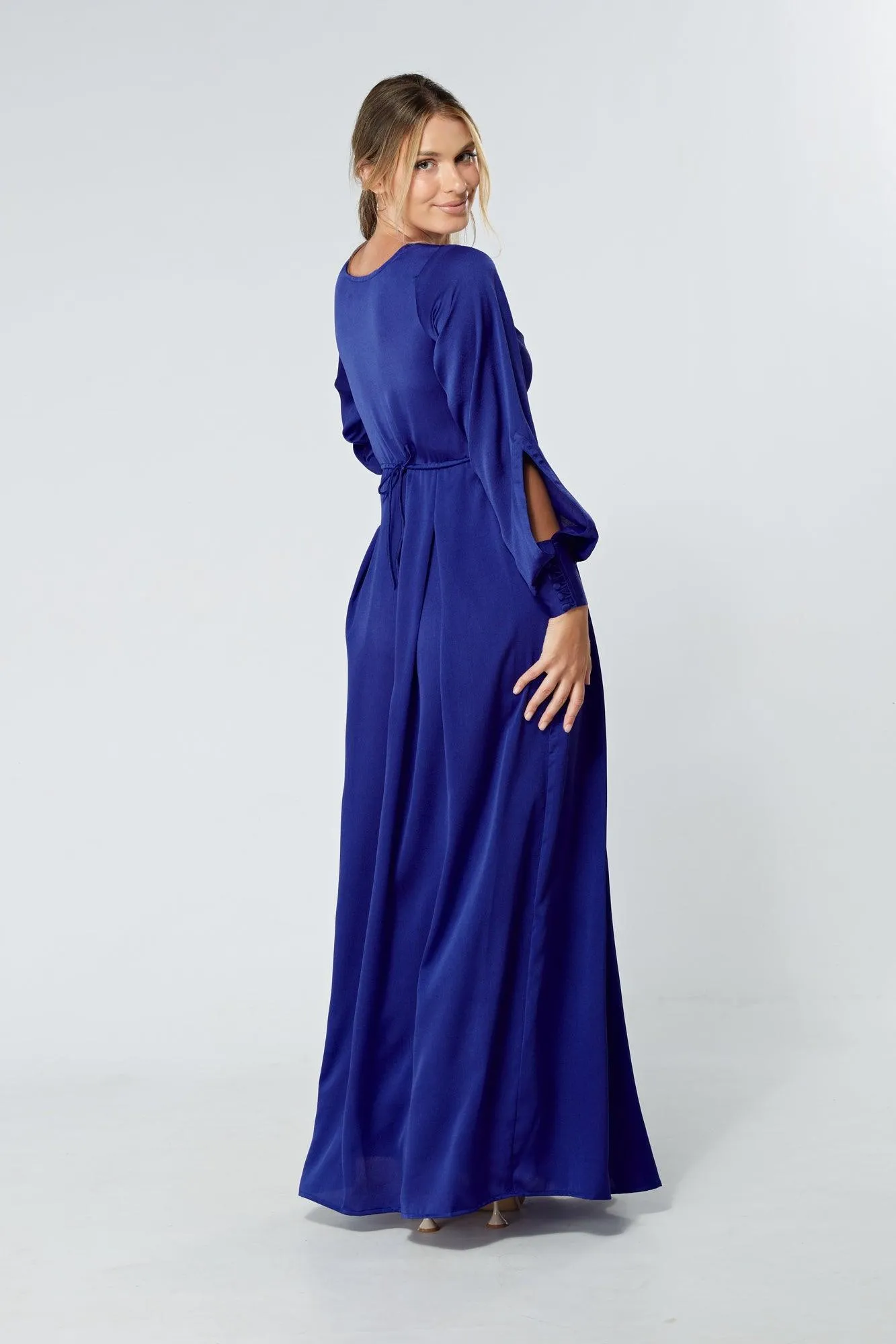 Delilah Cobalt Blue Satin-Feel Crepe Maxi Dress With Ruched Sleeves