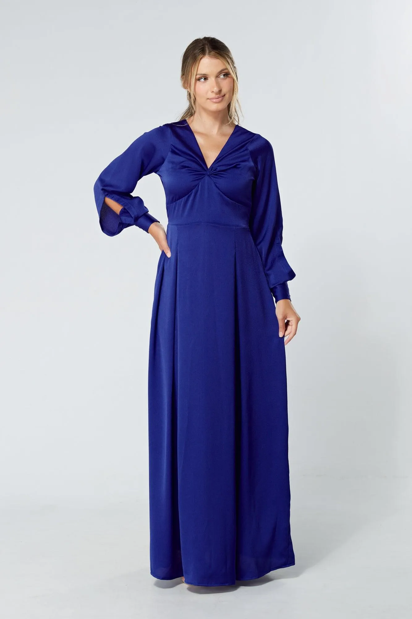 Delilah Cobalt Blue Satin-Feel Crepe Maxi Dress With Ruched Sleeves