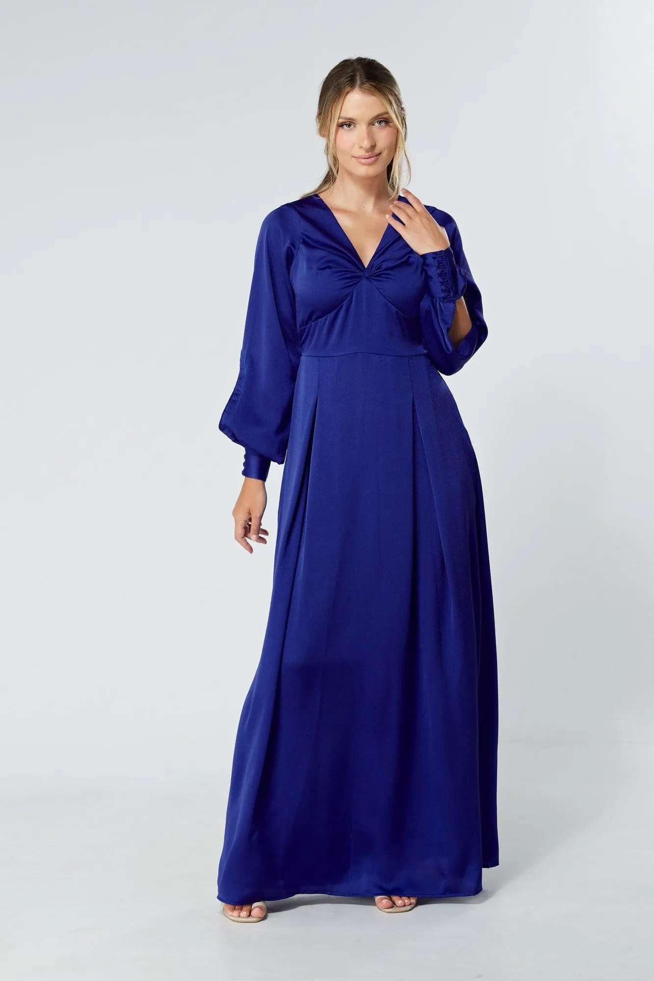 Delilah Cobalt Blue Satin-Feel Crepe Maxi Dress With Ruched Sleeves